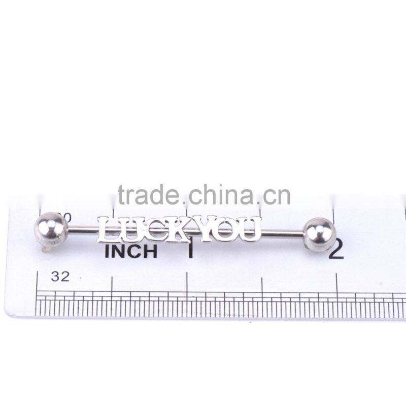 'LUCK YOU' letter Industrial Style 14G Cartilage Earring 1 & 1/2" Barbell with Round Ball Ends.