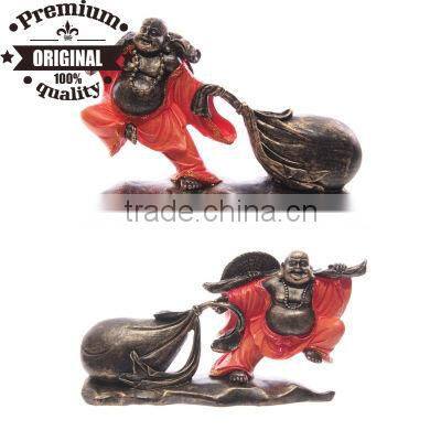 polyresin red and gold standing chinese buddha figurine pulling sack
