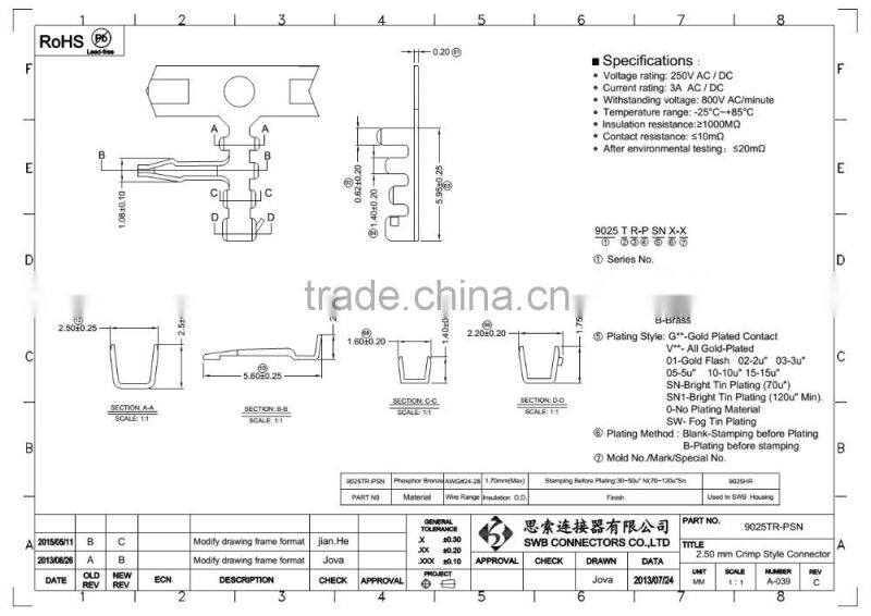 2.5MM Pitch Board-IN electric connector JST SCN replacement