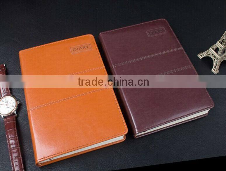 Sewing decoration PU leather personalized classical brown diary with embossing logo and line printing and book marker