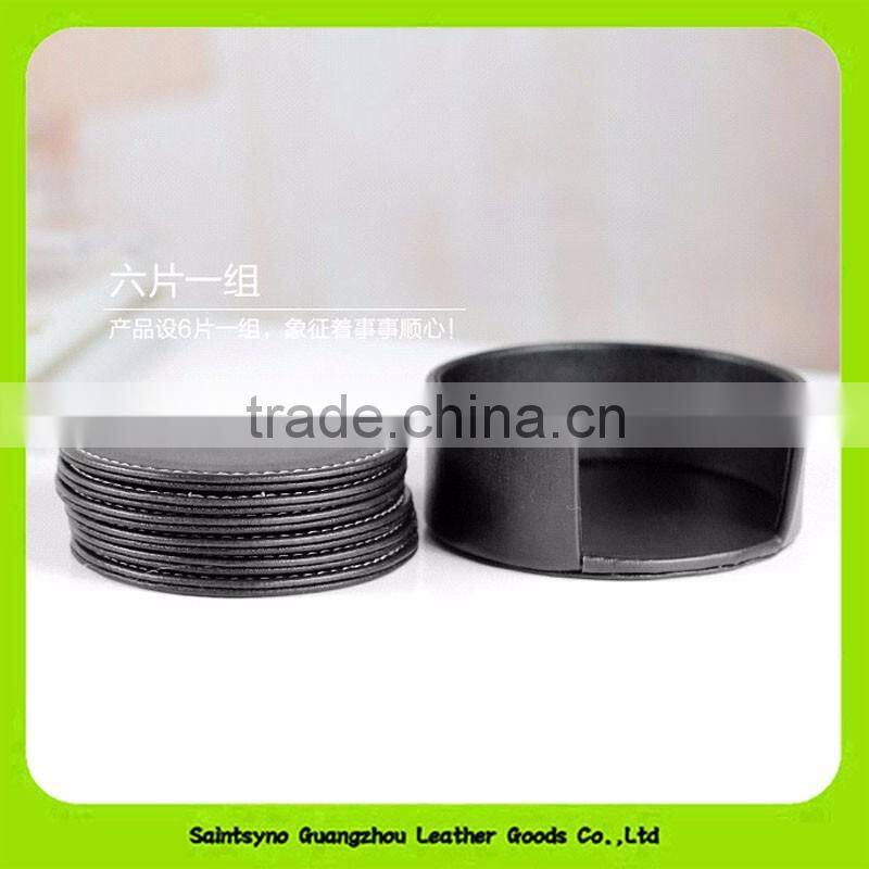 Solid Coffee Circular Cup Mat With Custom Logo, Faux Leather Coasters With Holder 16031