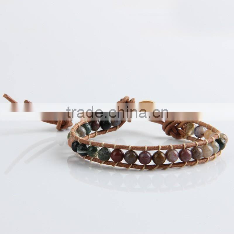 6mm natural indian agate women leather bracelet, new fashion bracelet, natural stone bead bracelet