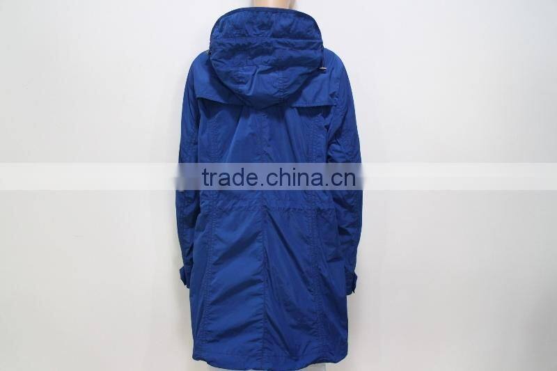 Shiny blue women trench coat with high quality fabric