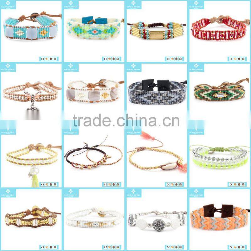 European Stone Strawberry Quartz Mix Single Wrap Bead Bracelets on Natural Dark Brown Leather