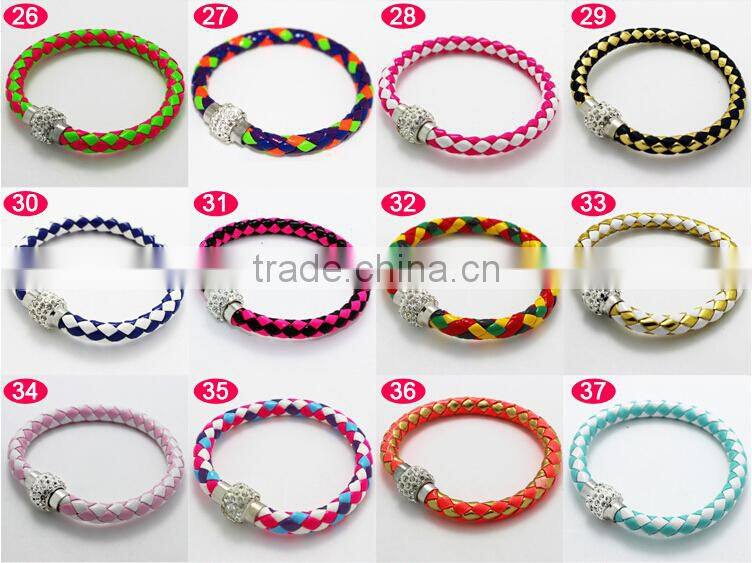 Mixed colorful customized braided leather bracelet , magnetic buckle leather bracelet