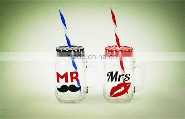 Clear glass mason jar glass cup with handle and metal lid straw