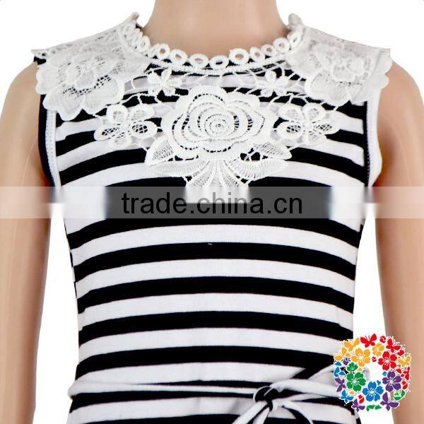 Fashion Design Black Stripe Cotton Summer Dress Sleeveless Adding Lace Girl Child Dress