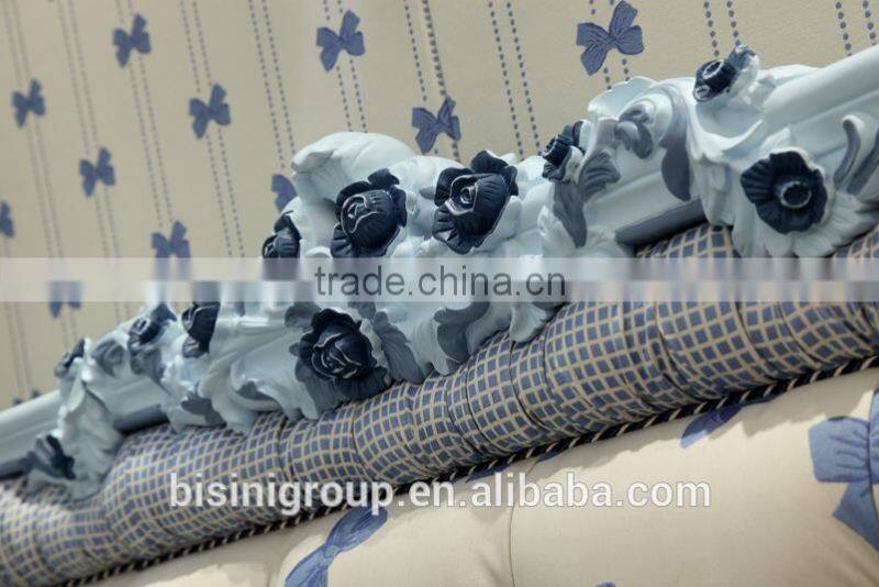 European style classic design boys light blue children wooden carved cloth art cot bed - BF07-70356