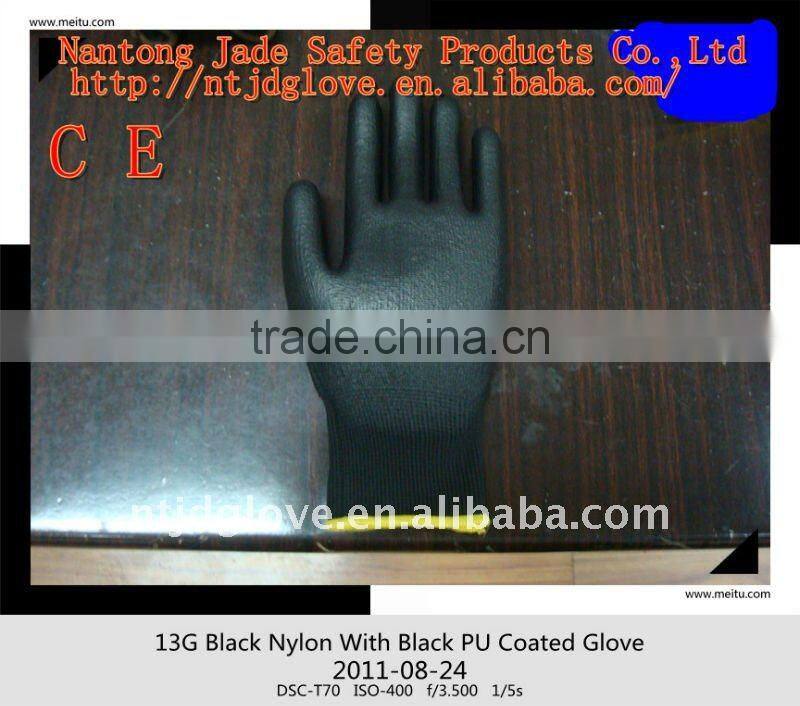 PU gloves . 13-Gauge Black Nylon Knit Shell with Black PU Coated gloves.