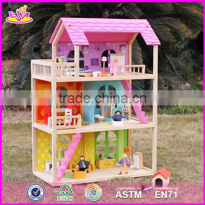 2017 new design pink girls pretend play wooden doll house toys W06A170