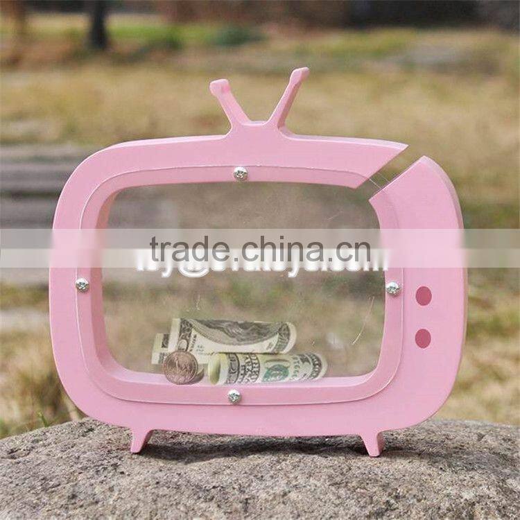 New design TV shape girls lovely wooden coin bank with logo customize W02A253