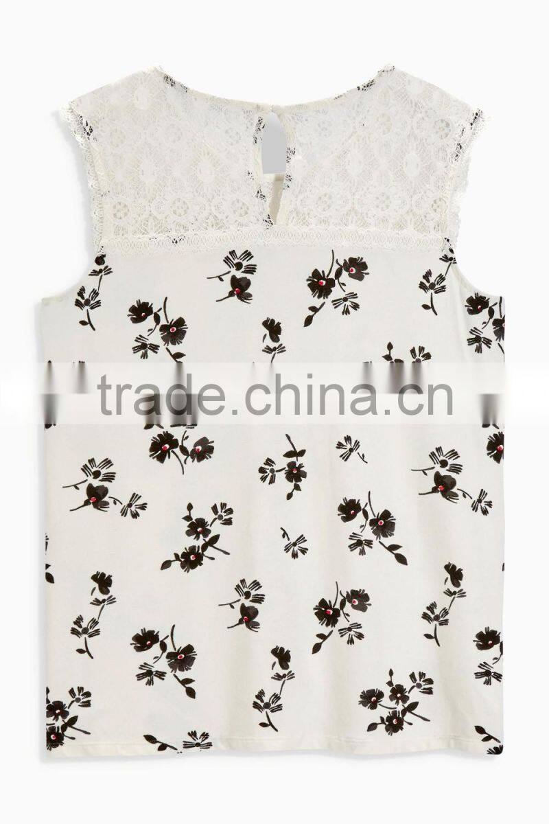 2016 Fashion Jersey Sleeveless Top With Beautiful Lace Yoke HST8033