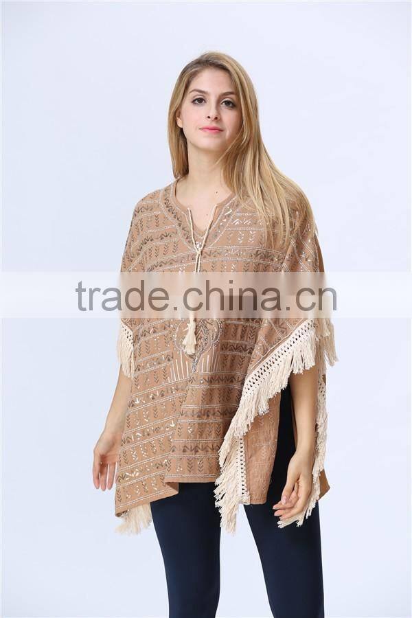 New Arrival Ladies Fashion Design Elegant Winter/Autumn Tan Colour Dolman/ Cape/Shawl Coat With Fringing and Beading for women