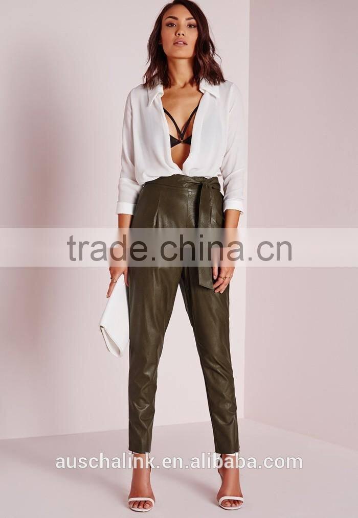 new arrival khaki tie waist faux leather pants women