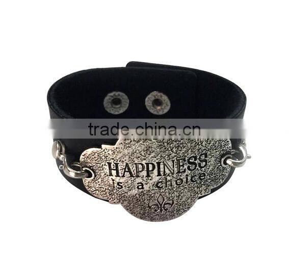 Brown/black color adjustable bracelets,inspirational words metal charm cuff bracelets,wide leather bracelet