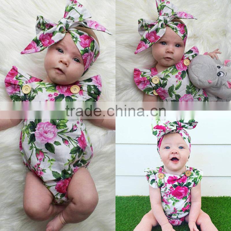 High quality summer baby girl romper 100% cotton floral printing vintage bubble romper