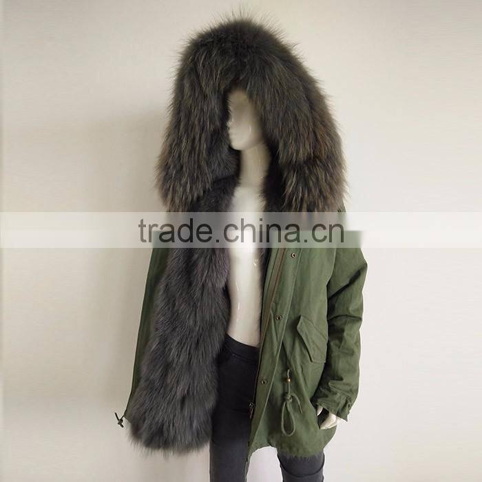 Myfur Custom Navy Outer Parka with Removable Dyed Fox Belly Fur Lined in Wholesale Price