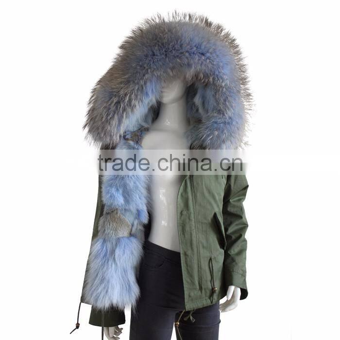 Myfur Fashion Adults Unisex Parka with Wolf Fur Lining Dyed Raccoon Fur Hooded Collar