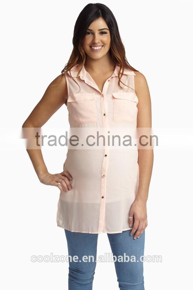 100% Polyester double pocket front chiffon blouse for maternity nursing clothes