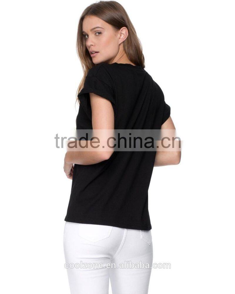 Wholesale crew neck rolled cuffs cotton t shirt women t shirts