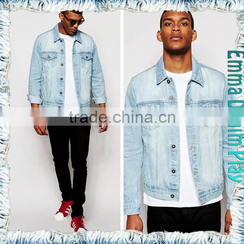 Fashionable Mens Trench Blue White Cotton Denim Long Sleeve Jacket