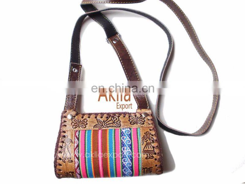 Handmade Embossed Leather Handbag with Aguayo Blanket