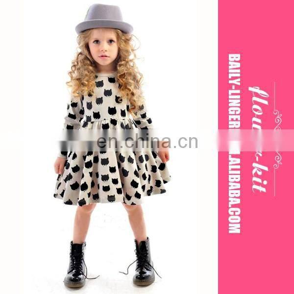 2017 New Girl Long Sleeve Cotton Casual Skirt Kids Cat Printed Party Dress