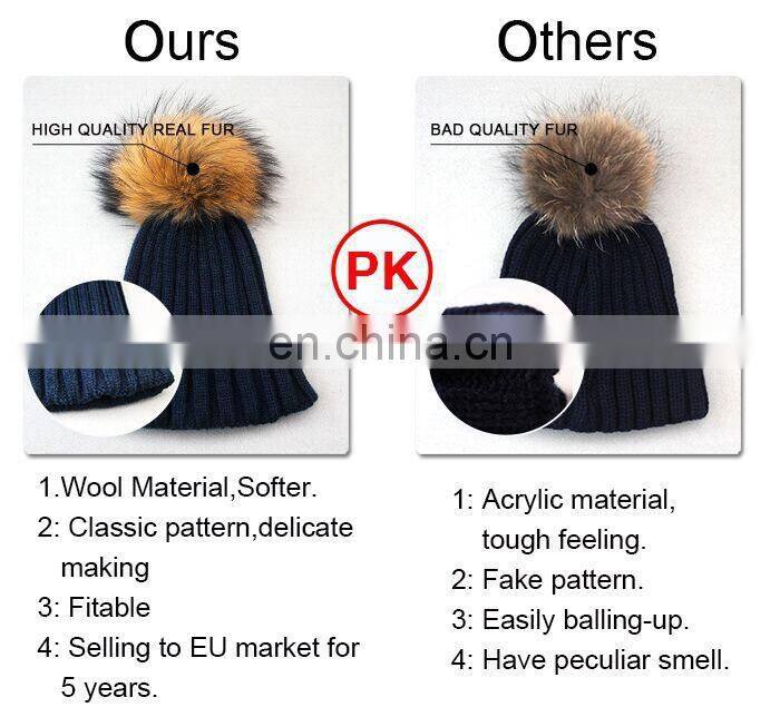 Factory Wholesale Price White Wool Girl CC Beanie Hat with Fur Ball