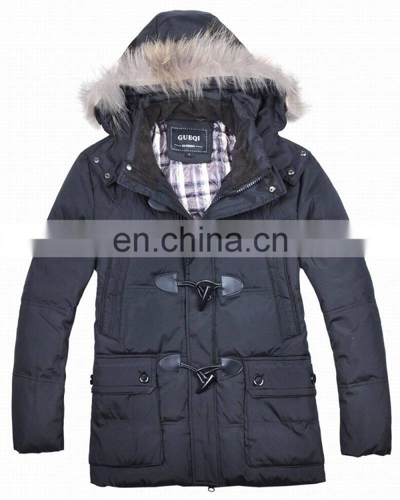 fashion mens winter fur hood cow buckle down padded lo