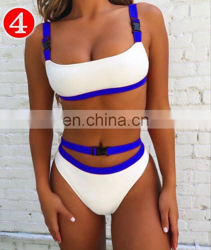 RST new fashion style ribbed high waist bikini custom logo bikinis 2020 women swimwear beachwear buckle swimwear