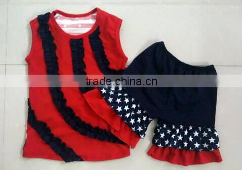 2016 boutique girl clothes 4 July fabric girls outfits kids clothing sets and stripe pants with ruffle