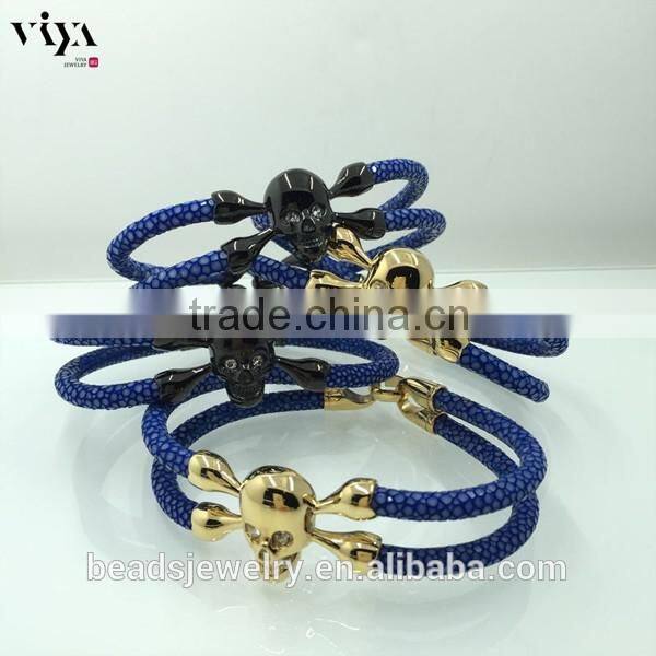 2016 New Coming Stingray/ Python Leather Genuine Leather Bracelet With Skull Clasp Made In China