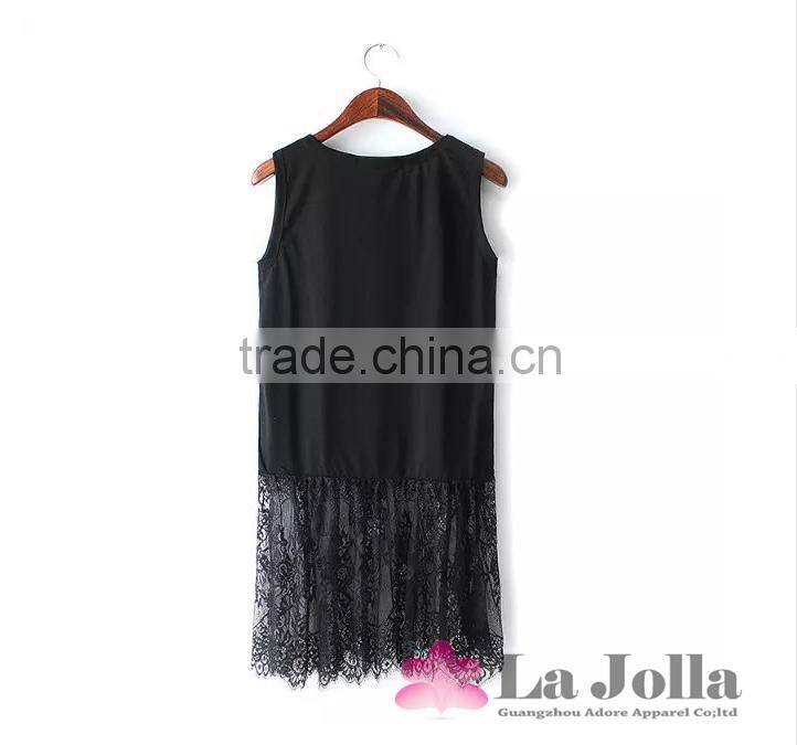 Ladies fashion sleeveless long blouse black lace stitching rayon cotton long tail t shirt