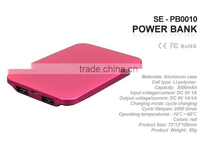 Untla Thin Portable Aluminous Power Bank with 3000mAh capacity Dual USB port with recharge battery