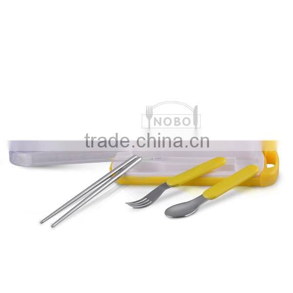 Cute design spoon chopsiticks and forks sets stainless steel kids tableware with box