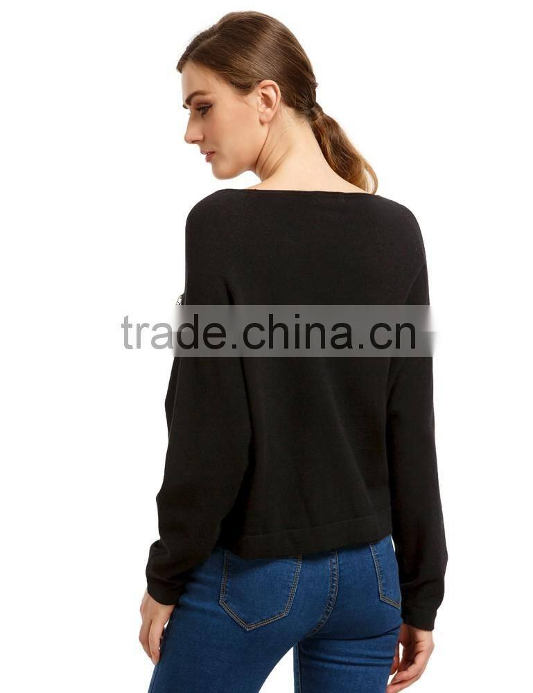 New arrival black loose style batwing sleeve rhinestones sweater