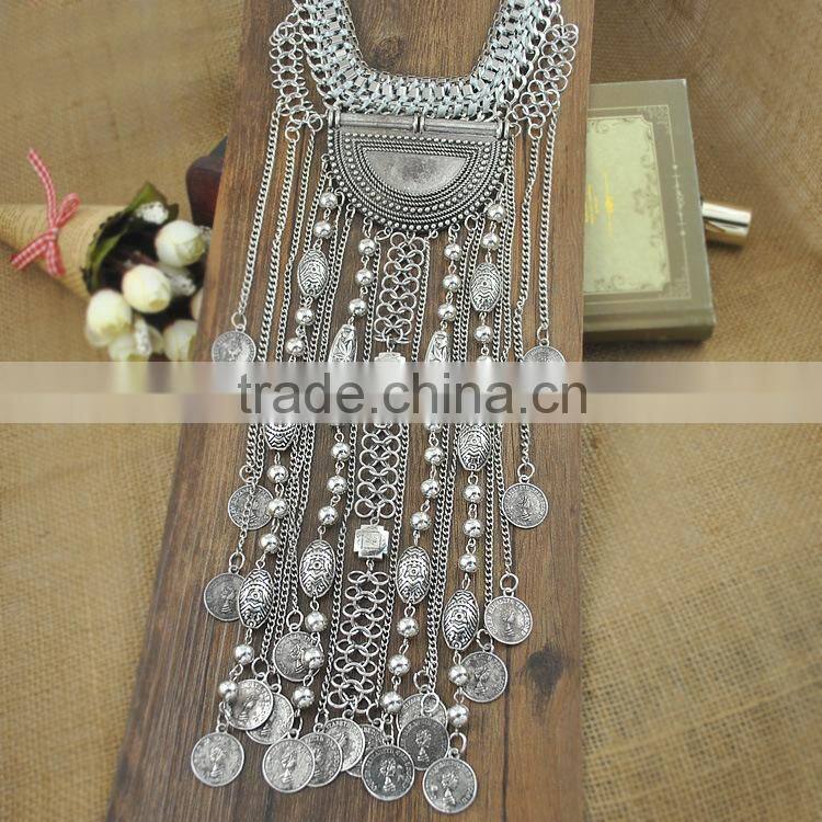 long silver multilayer tassel coin necklace, coin holder necklace