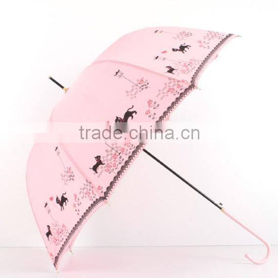 23 inch stick crook handle silk print lady umbrellas