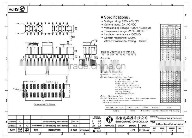2.00mm Pitch WTB Pin Male Header Connectors