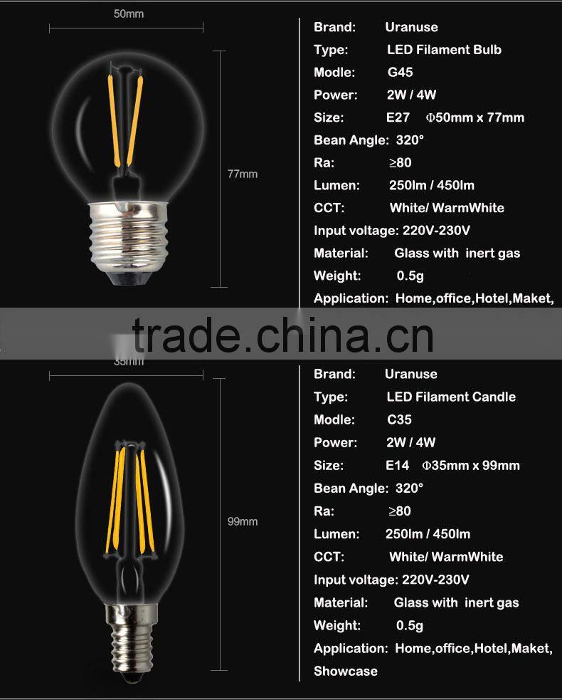 2014 new arrival E27 360 degree A60 LED Filament bulb, 6W led filament candle light
