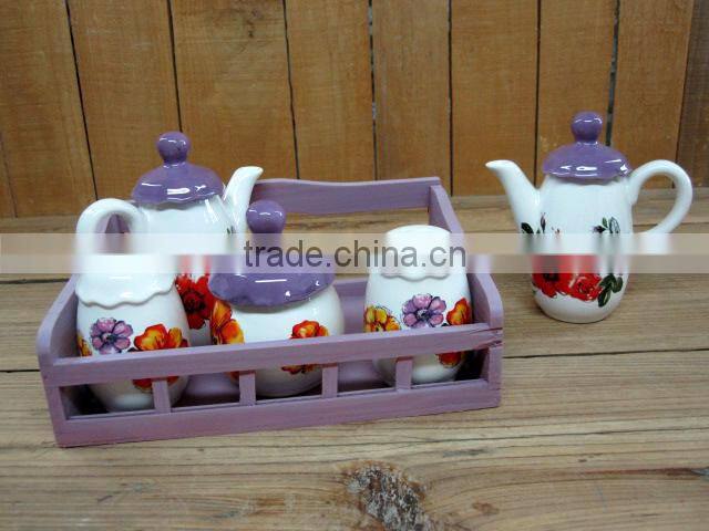 Elegant Flower Decal Ceramic Cake /Fruit Serving Plate with Wooden Stand for Party