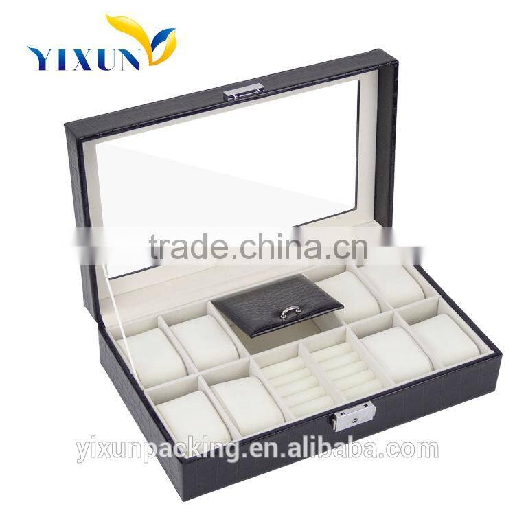 12 slots black rustic pu leather wrist watch storage box