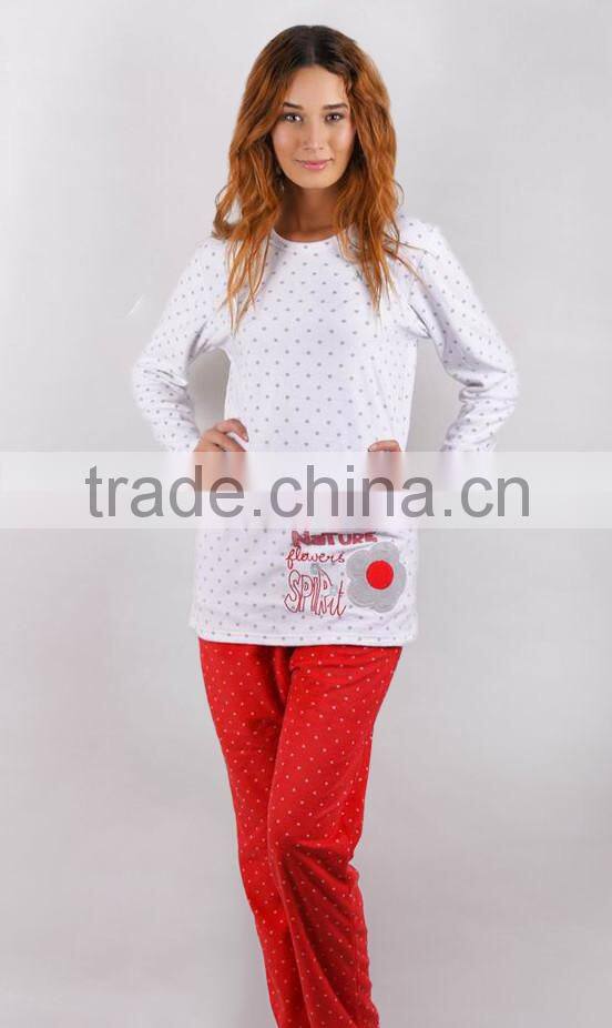 Kevince flannel & interlock pyjamas 3pcs set knitting womens pajama navy flower 1000pcs up OEM factory directly