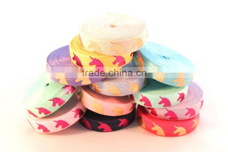 5/8" Fold Over Elastic Gold Unicorn on Carnation Pink Pattern Metallic Printed elastic band for underwear trousers