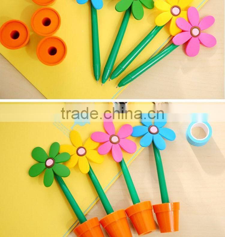 promotional wholesale cheap funny school office stationery mini cartoon silicone plastic sun flower pot roller ball point pen