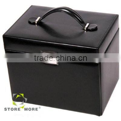 Black Leather Drawer Jewelry Box Travel Case With Lock And Handle