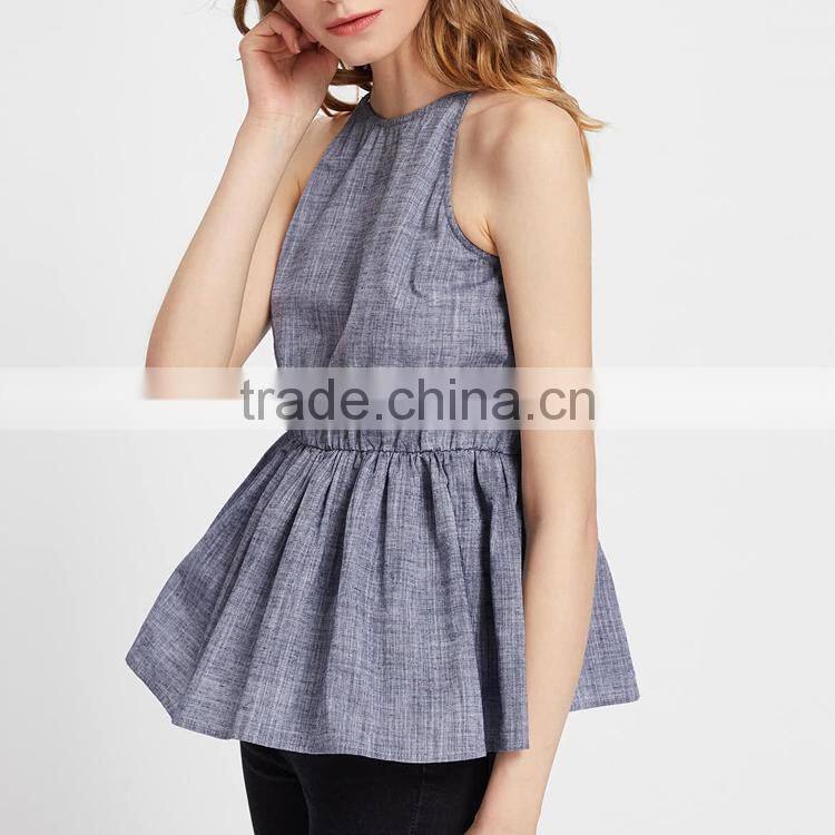 Wholesale Women Apparel Ruffle Spaghetti Strap Keyhole Back Linen Tank Top