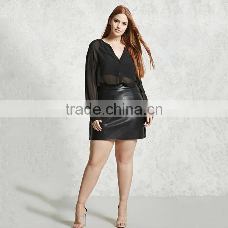 Kissmilk Plus Size Fashion Semi-sheer Women Blouse V-neck Long Sleeve Single Breasted Waistband Ladies Top for Wholesale