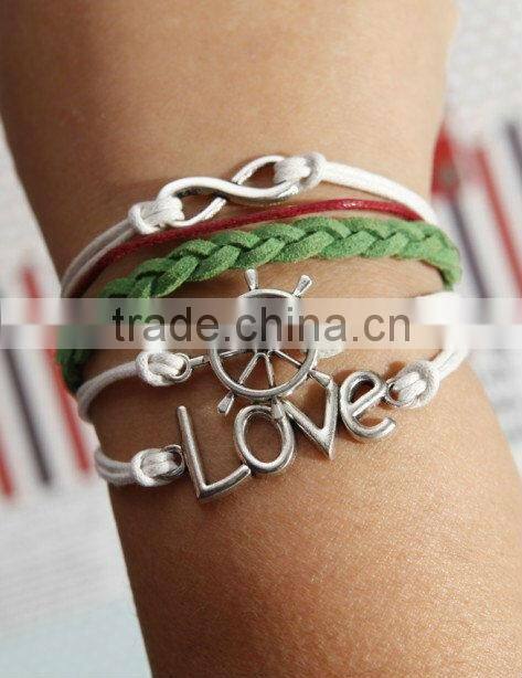 heart to heart bracelet, love with green flocking leather,brown baided Leather bracelet, friendship charm bracelet