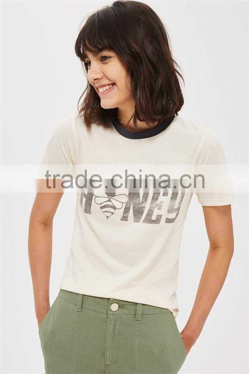 MGOO Wholesale Contrast Collar Stitching Short Sleeve T-shirt Women Silver Foil Print T Shirt Fitness